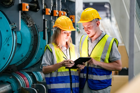 Industrial worker indoors in factory. Young technician with orange hard hat. Smart Caucasian factory...
