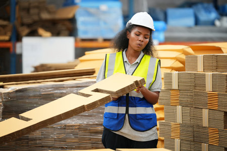 Warehouse Industrial supply chain and Logistics Companies inside. Warehouse workers checking the inventory. Products on inventory shelves storage. Worker Doing Inventory in Warehouse. Dispatcher in uniform making inventory in storehouse. supply chain conceptの写真素材