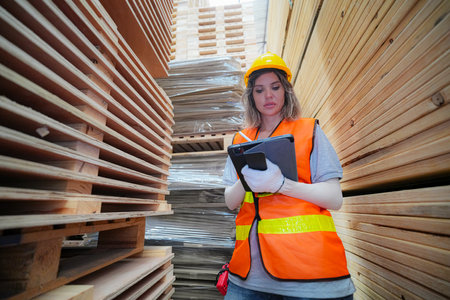 Industrial factory employee working in wooden manufacturing industry