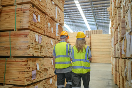 Woman with checklist in a timber and lumber warehouse. Product acceptance and quality controlの写真素材