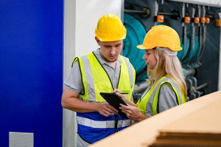 Industrial worker indoors in factory. Young technician with orange hard hat. Smart Caucasian factory worker wearing hardhat and working in power plant.の写真素材