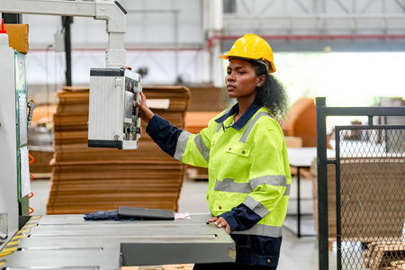 Industrial worker indoors in factory. Young technician with orange hard hat. Smart Caucasian factory...