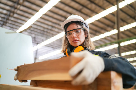 Industrial factory employee working in wooden manufacturing industryの写真素材