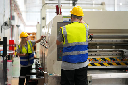 Industrial worker indoors in factory. Young technician with orange hard hat. Smart Caucasian factory...