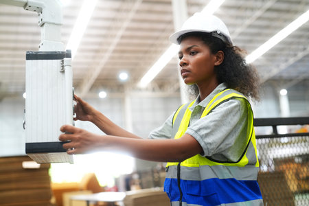 Industrial worker indoors in factory. Young technician with orange hard hat. Smart Caucasian factory...