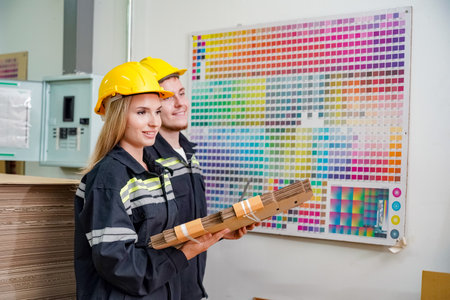 Industrial worker indoors in factory. Young technician with orange hard hat. Smart Caucasian factory worker wearing hardhat and working in power plant.の写真素材