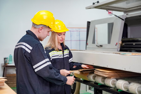 Industrial worker indoors in factory. Young technician with orange hard hat. Smart Caucasian factory worker wearing hardhat and working in power plant.の写真素材