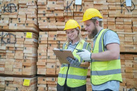Warehouse worker working at lumber yard in Large Warehouse. Worker are  Inventory check at Storage shelves in lumberyard.の写真素材