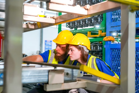 Workers in hardhats and helmets in a warehouse