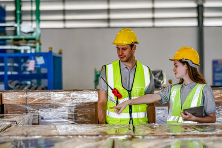 Warehouse manager and female staff working together at warehouse. This is a freight transportation...