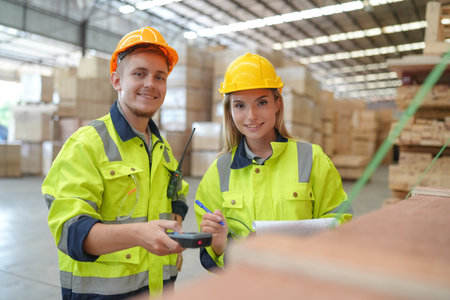 Warehouse worker working at lumber yard in Large Warehouse. Worker are  Inventory check at Storage shelves in lumberyard.の写真素材