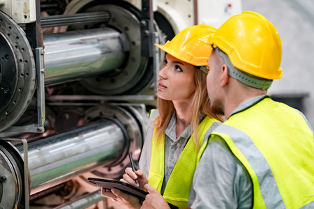 Industrial worker indoors in factory. Young technician with orange hard hat. Smart Caucasian factory worker wearing hardhat and working in power plant.の写真素材