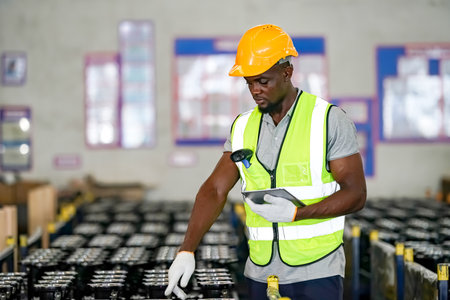 Front view of African-American male worker writing on clipboard in warehouse