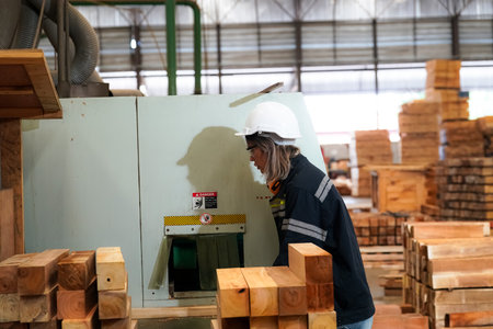 Industrial factory employee working in wooden manufacturing industryの写真素材