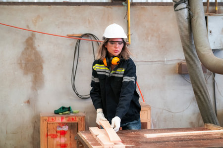 Industrial factory employee working in wooden manufacturing industry