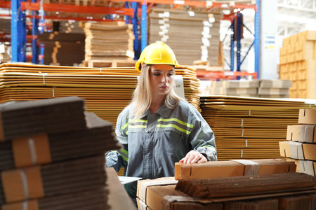 Warehouse Industrial supply chain and Logistics Companies inside. Warehouse workers checking the inventory. Products on inventory shelves storage. Worker Doing Inventory in Warehouse. Dispatcher in uniform making inventory in storehouse. supply chain conceptの写真素材