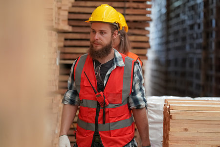 Worker are working at lumber yard in Large Warehouse. Worker are  workingon woodworking machine,...