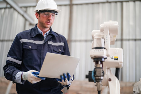 Multiracial industrial engineers working at automated AI robotic production factory, New industrial...