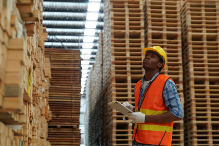 Worker are working at lumber yard in Large Warehouse. Worker are  working
on woodworking machine, lumber and Inventory check at Storage shelves in lumberyard.の写真素材
