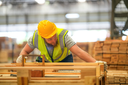 Industrial factory employee working in wooden manufacturing industry