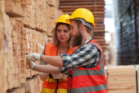 Couple of workers in hardhats kissing each other in warehouseの写真素材
