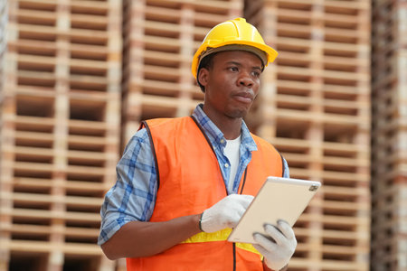 Worker are working at lumber yard in Large Warehouse. Worker are  working
on woodworking machine, lumber and Inventory check at Storage shelves in lumberyard.の写真素材