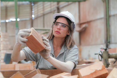 Industrial factory employee working in wooden manufacturing industryの写真素材