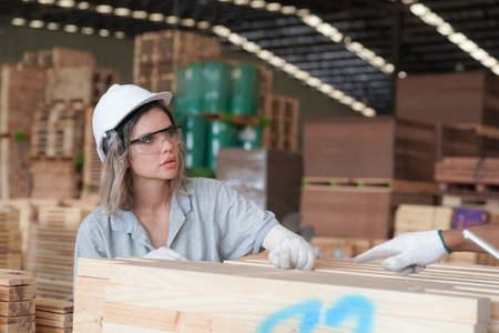 Industrial factory employee working in wooden manufacturing industryの写真素材