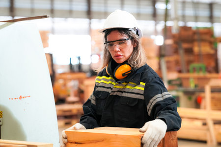 Worker are working at lumber yard in Large Warehouse. Worker are  workingon woodworking machine, lumber and Inventory check at Storage shelves in lumberyard.の写真素材
