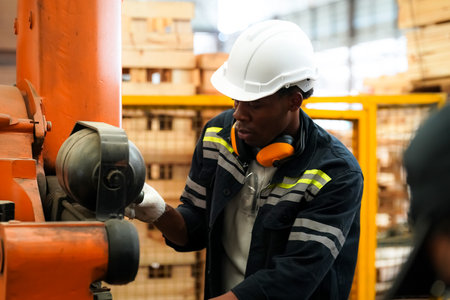 Portrait of young African-American man working in warehouse. This is a freight transportation and distribution warehouse. Industrial and industrial workers conceptの写真素材