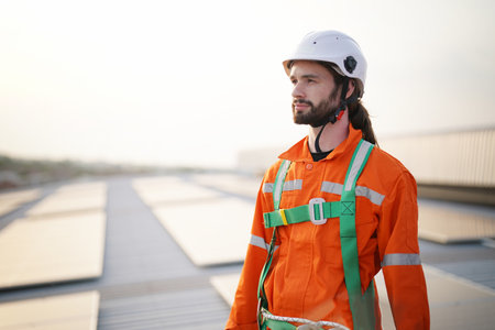 Young successful master of solar panel installation crossing arms by chest while standing on rooftop in front of camera. professional technician or engineer installing solar panels, Alternative energy for installed solar panels in use on roof of homeの写真素材