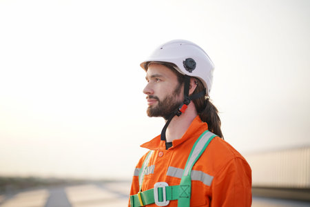 Young successful master of solar panel installation crossing arms by chest while standing on rooftop in front of camera. professional technician or engineer installing solar panels, Alternative energy for installed solar panels in use on roof of homeの写真素材
