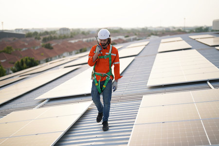 professional technician or engineer installing solar panels, Alternative energy for installed solar panels in use on roof of homeの写真素材