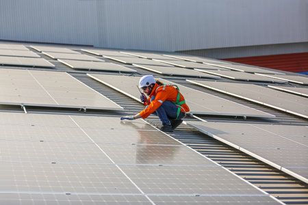 professional technician or engineer installing solar panels, Alternative energy for installed solar...