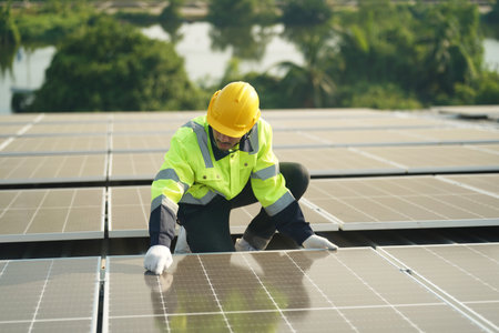 professional technician or engineer installing solar panels, Alternative energy for installed solar panels in use on roof of homeの写真素材
