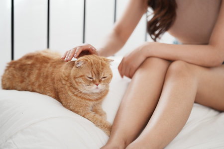 woman resting with cat on bed at homeの写真素材