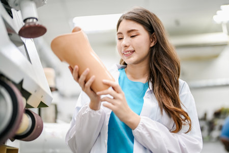 Portrait of pretty female artistcian or technician making an artificial finger, limb, prosthesis and doing color in silicon for disabilities person project in workshop, manufacture, industry, production and people concept - woman process industrial equipment with skill at workshop,  industry business.の写真素材