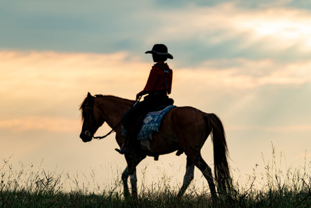 Cowboy riding a horse in the sunset. Selective focus.