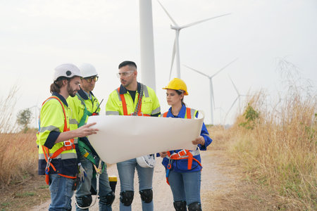 Engineer working at alternative renewable wind energy farm - Sustainable energy industry conceptの写真素材