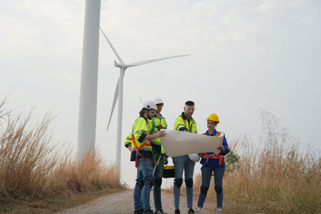 Engineer working at alternative renewable wind energy farm - Sustainable energy industry conceptの写真素材