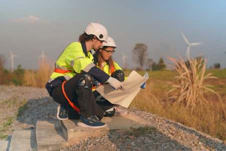 Engineer working at alternative renewable wind energy farm - Sustainable energy industry conceptの写真素材