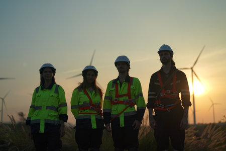 Engineer working at alternative renewable wind energy farm - Sustainable energy industry conceptの写真素材