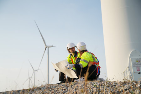 Engineer working at alternative renewable wind energy farm - Sustainable energy industry concept