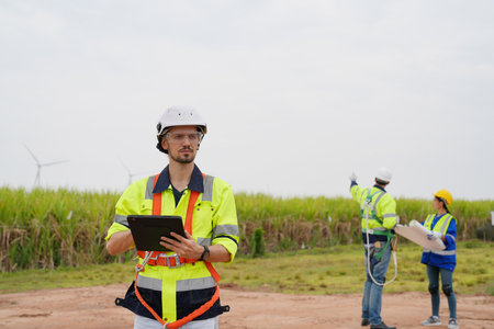 Engineer working at alternative renewable wind energy farm - Sustainable energy industry conceptの写真素材