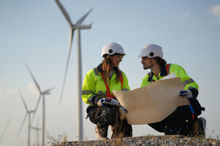 Engineer working at alternative renewable wind energy farm - Sustainable energy industry conceptの写真素材