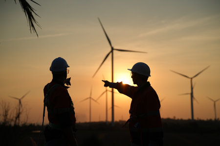 silhouette engineer and wind turbine in wind turbine farm at sunsetの写真素材