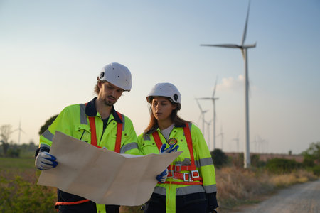 Engineer working at alternative renewable wind energy farm - Sustainable energy industry conceptの写真素材