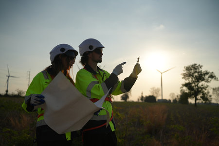 Engineer working at alternative renewable wind energy farm - Sustainable energy industry conceptの写真素材
