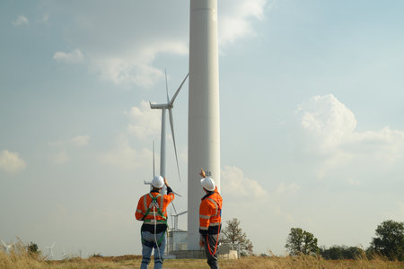Engineer working at alternative renewable wind energy farm - Sustainable energy industry conceptの写真素材