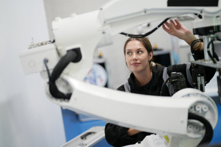 Robotic Arm engineer check on equipment in its with software of an Artificial Intelligence Computer...